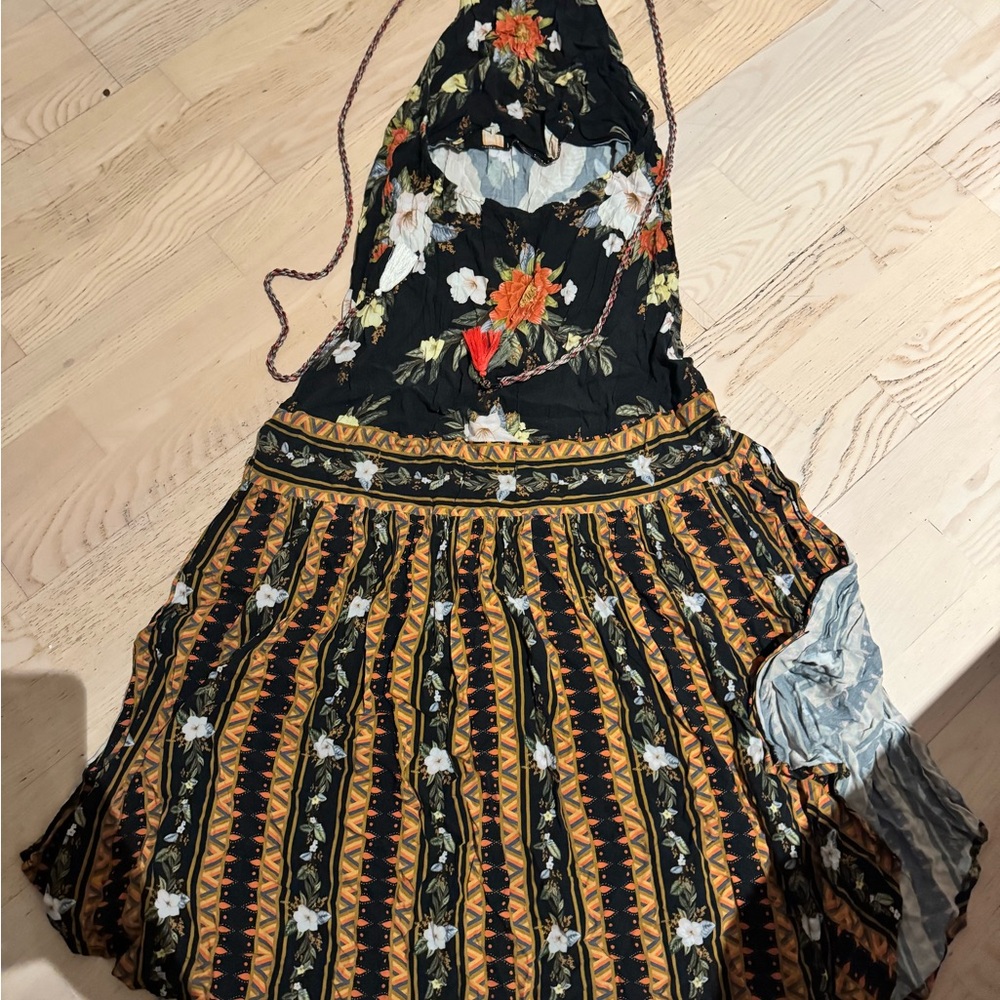 Floral Halter Maxi Dress in Black with Orange Accents - Picture 5 of 6